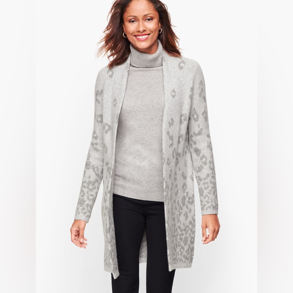 Talbots Heather Animal Print Flyway Gray Knit Cardigan Size L Petite - Picture 1 of 8